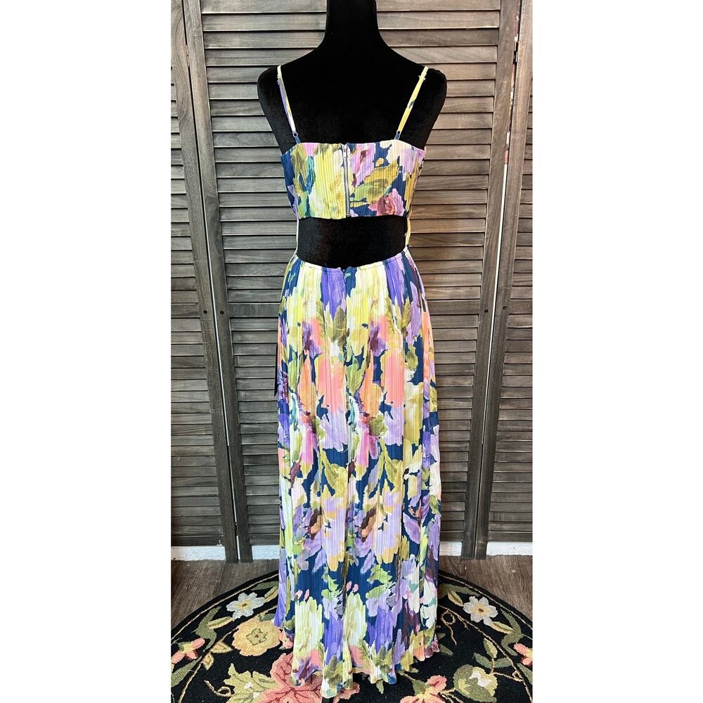 Lulus Holloway Watercolor Floral Pleated Chiffon Maxi Dress Size M Dark Blue - Picture 5 of 12